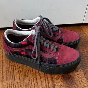 Vans Old Skool Stac Velvet Plaid Port/Black Platform sneaker Size 8.5